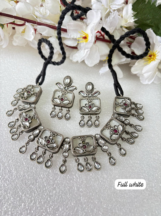 Handcrafted Maroon & Silver Oxidised Necklace