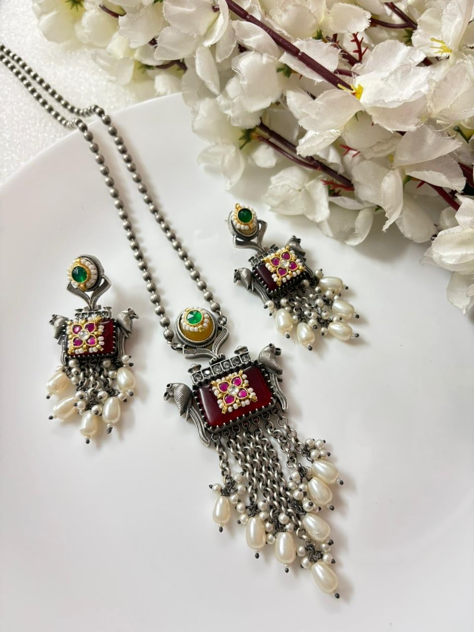 Designer Kundan Fusion Long Necklace & Earrings Set