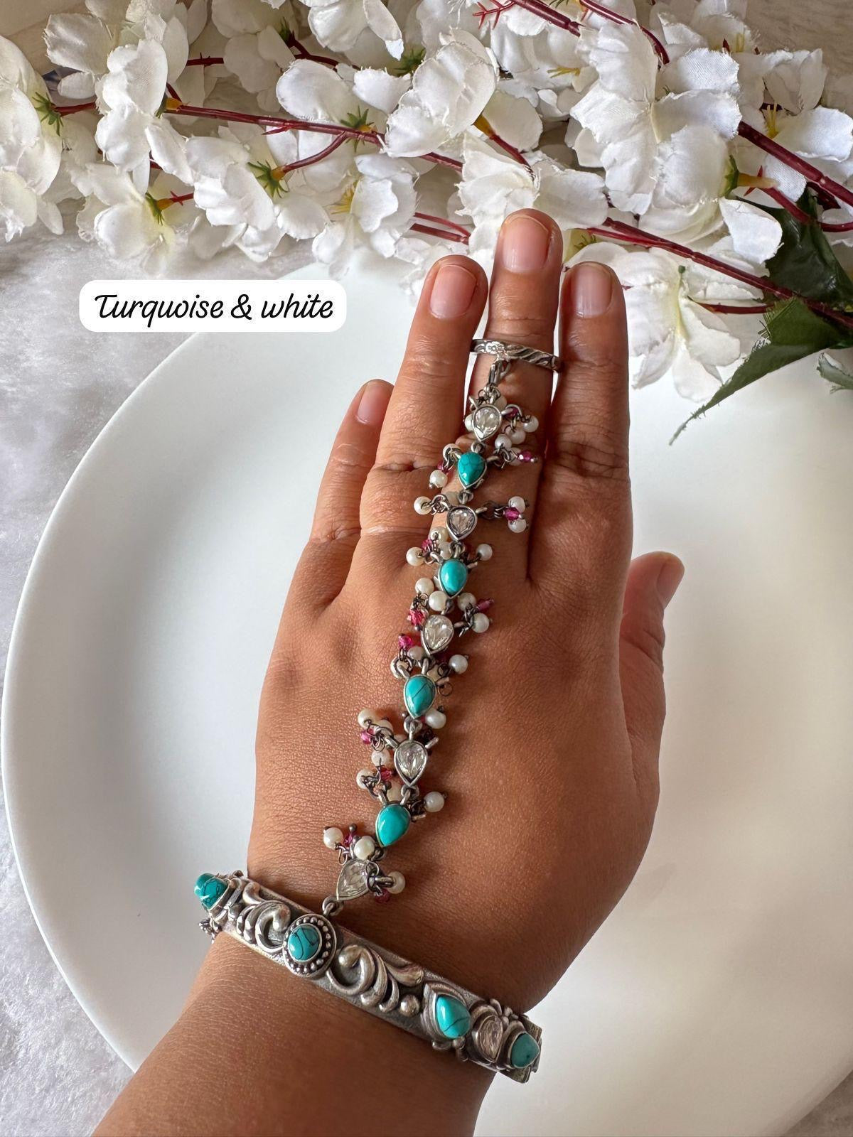 Antique Silver Haathphool with Turquoise & Pearls