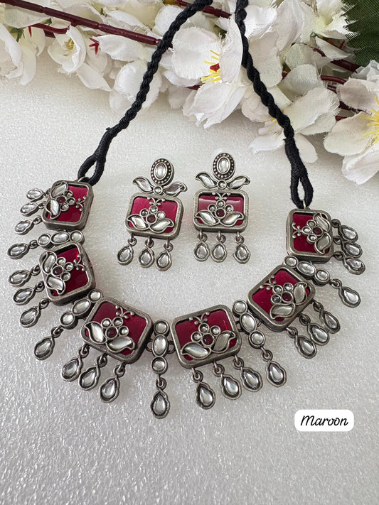 Handcrafted Maroon & Silver Oxidised Necklace