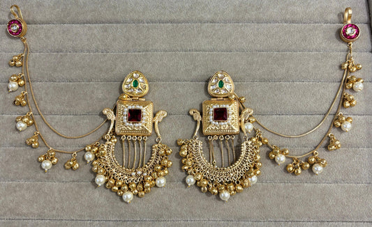 Kundan Earrings with Green Stone & Ghungroo Pearl Chains