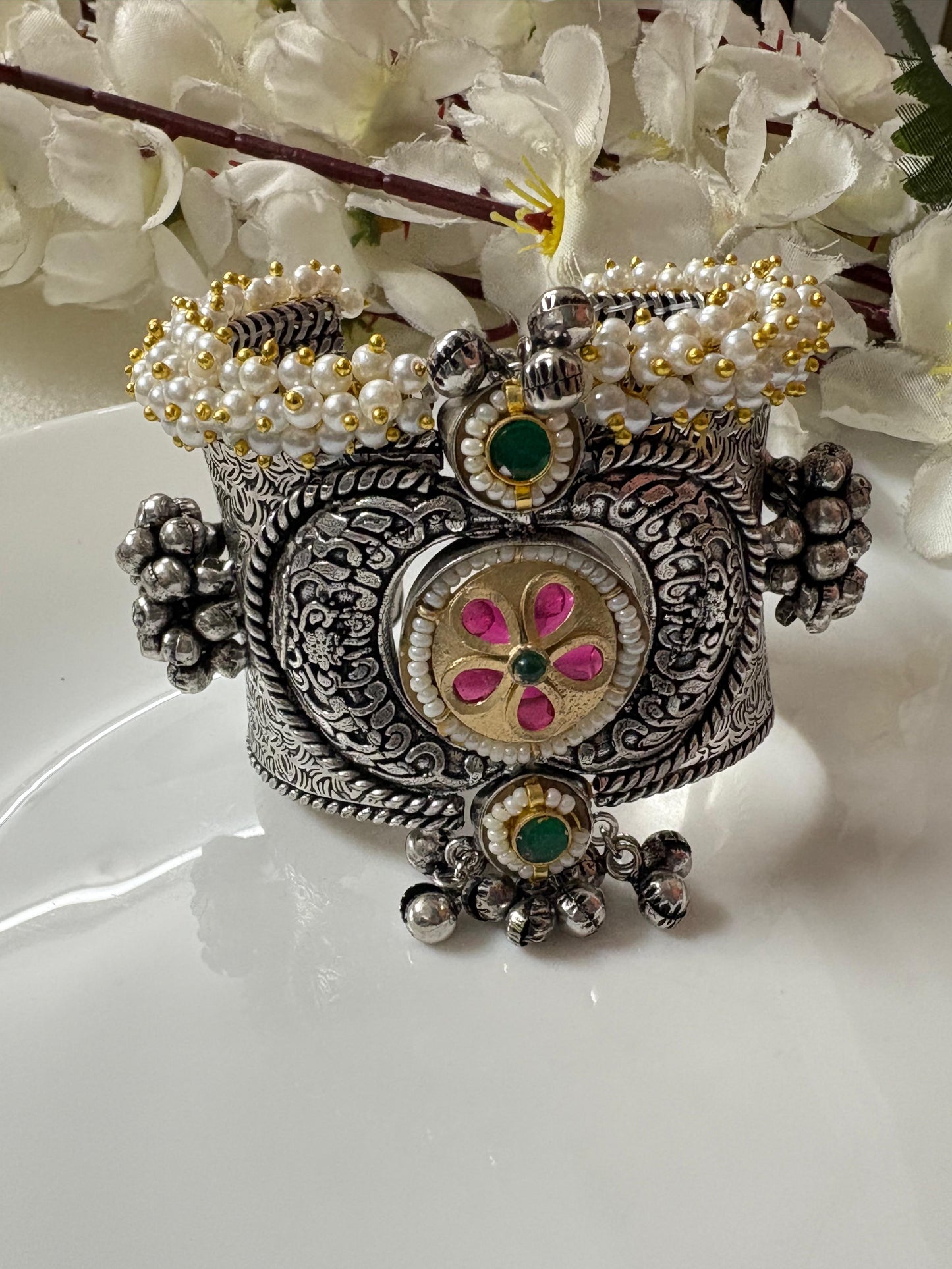 Elegant Pearl-Studded Silver Cuff