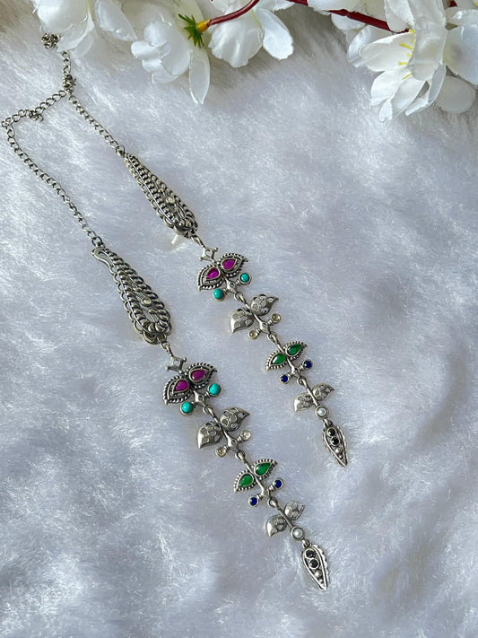 Boho Chic Oxidised Long Earrings with Colorful Stones