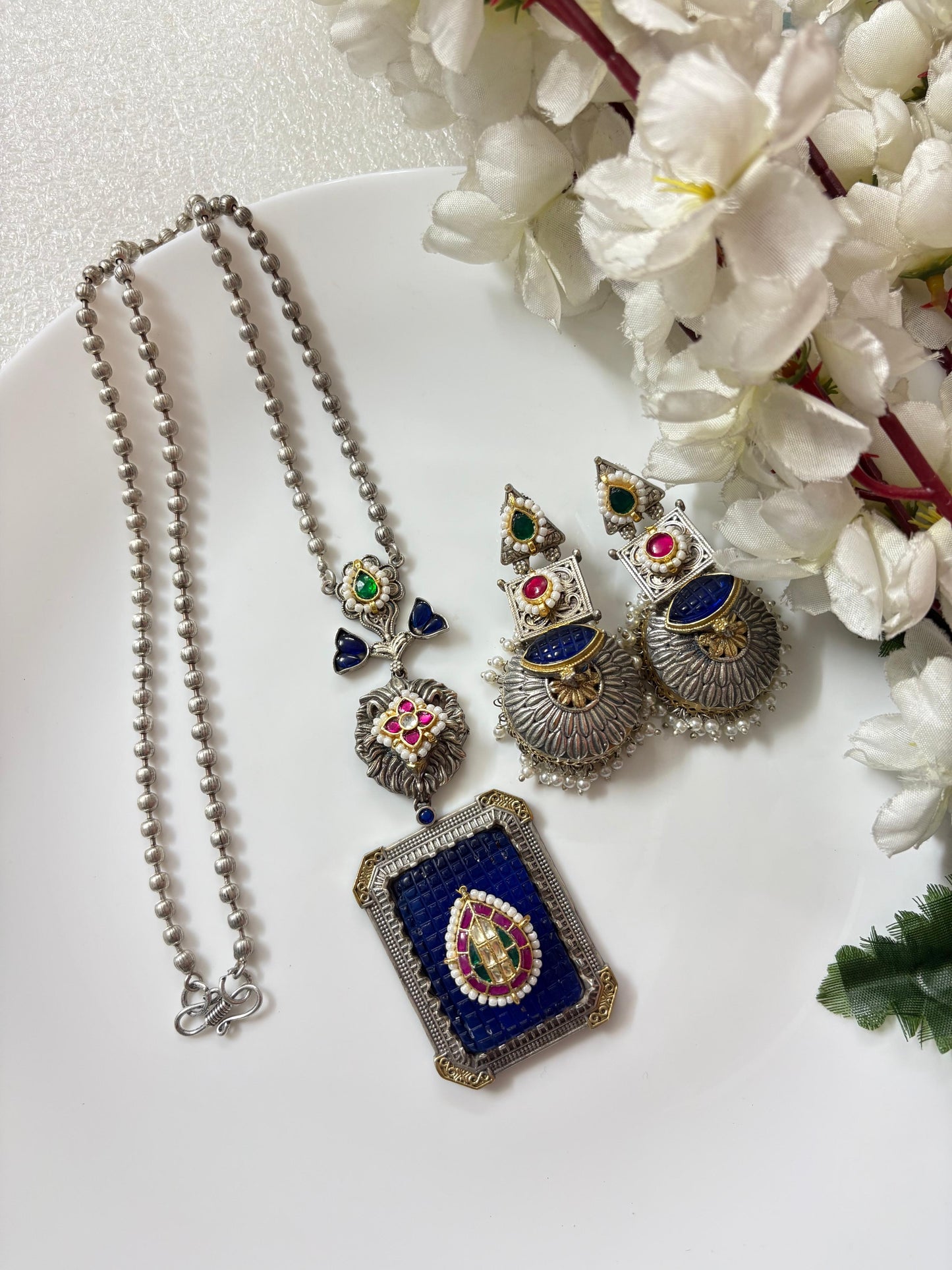 Premium Quality Stone Long Pendant Necklace & Jhumka Set