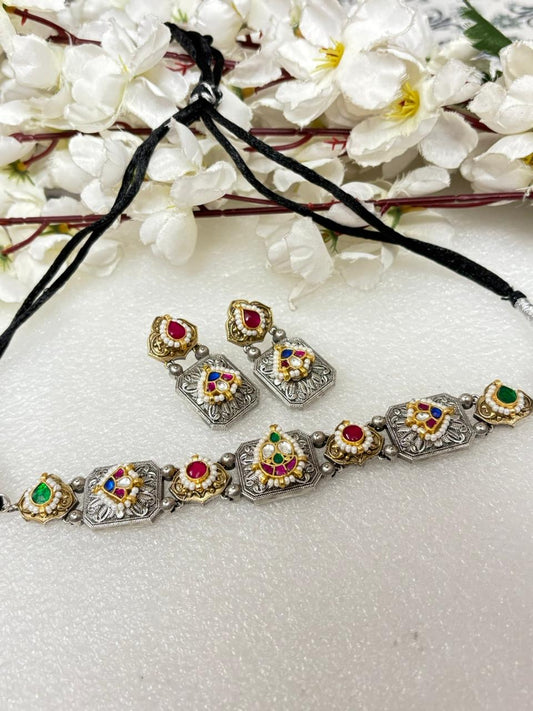 Folk Heritage Oxidised Kundan Necklace Set