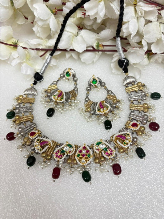 Folk Heritage Oxidised Kundan Necklace Set