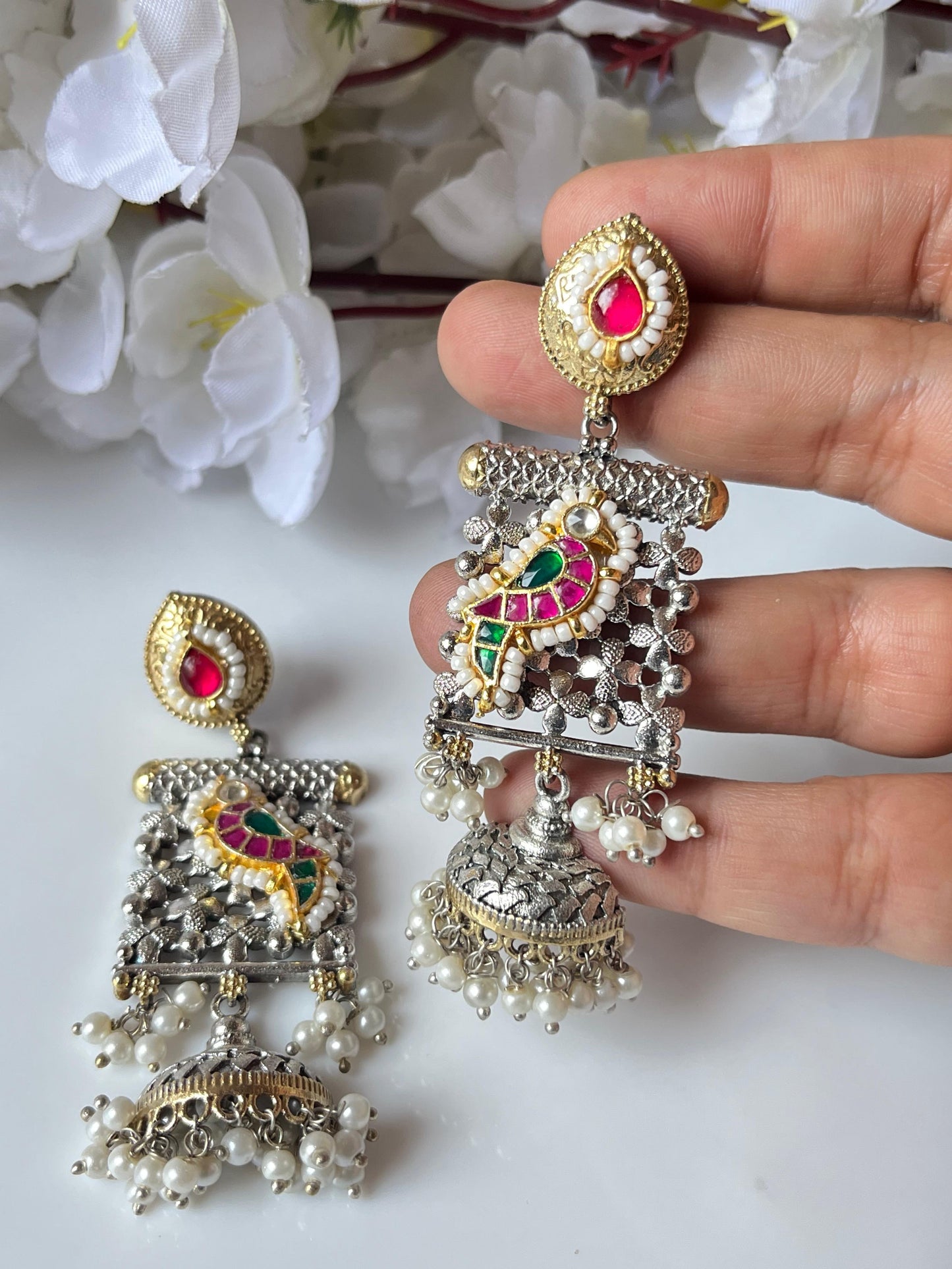 Oxidised Silver Peacock Meenakari Earrings with Pearl Drops
