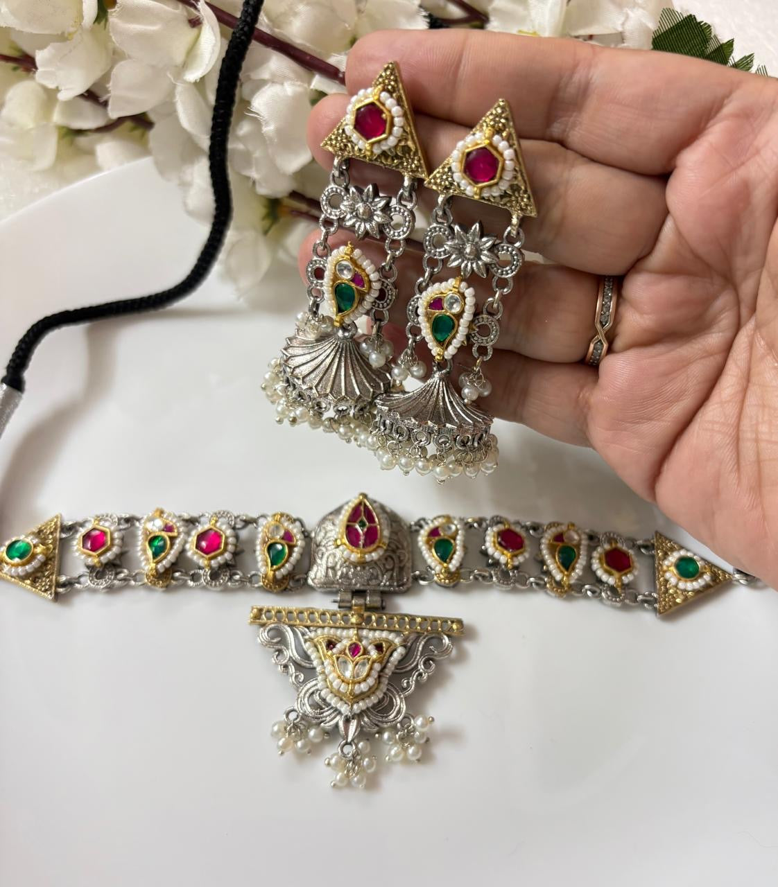 Traditional Dual-Tone Pearl Long Necklace with Earrings