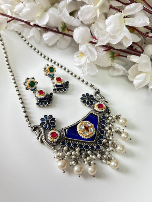 Boho Style Blue & Pearl Necklace with Earrings