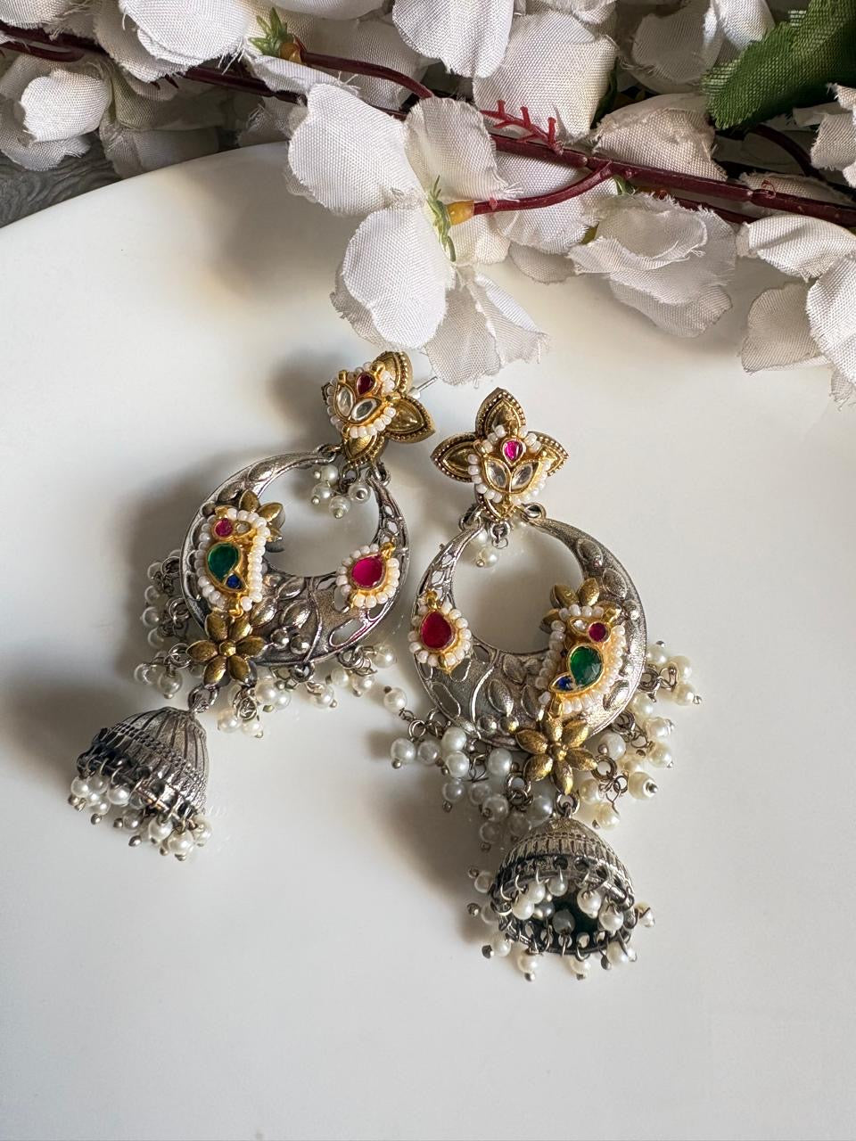 Heritage Silver-Tone Kundan Jhumki Earrings