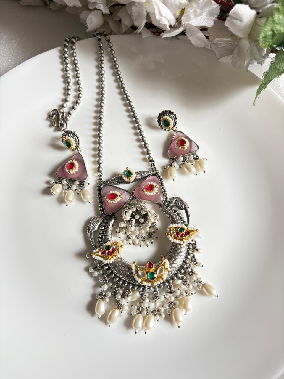 Pink Meenakari Oxidised Statement Set