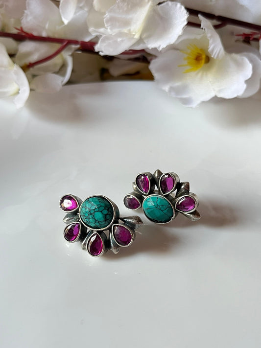 Handcrafted Oxidised Studs with Purple Gemstone Set of 3 combo