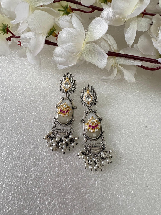 Royal Blue Oxidised Pearl Drop Earrings