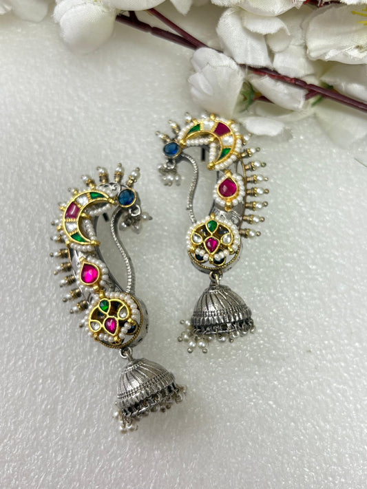 Boho Floral Oxidised Earcuffs with Pearl Detailing