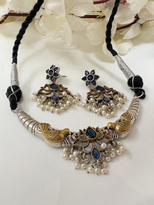 Oxidised Lotus Motif Necklace Set with Earrings