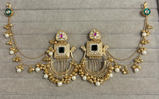 Kundan Earrings with Red Stone & Ghungroo Pearl Chains