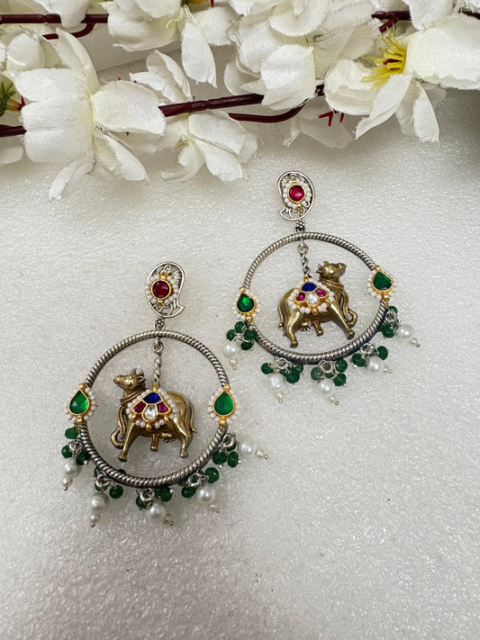 Oxidised Cow Motif Earrings with Green Beads & Pearls