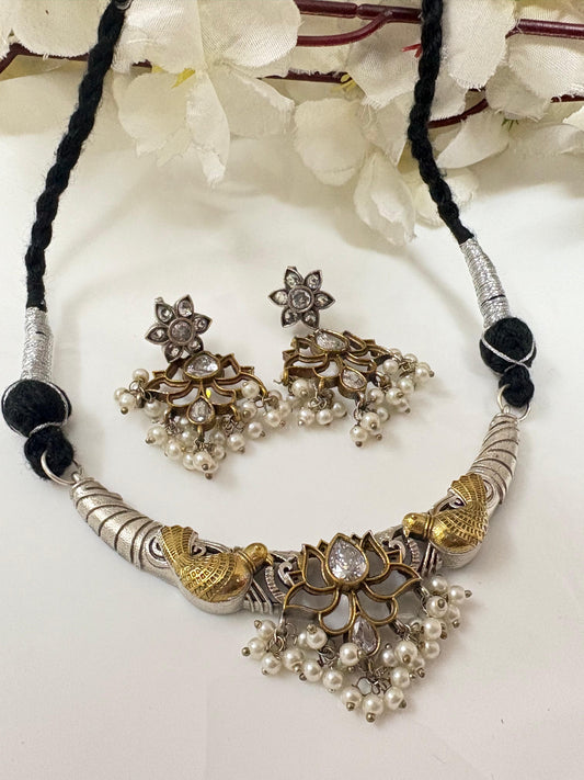 Oxidised Lotus Motif Necklace Set with Earrings