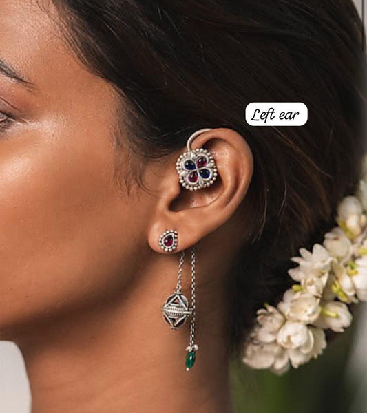 Oxidised Floral Ear Cuff with Dangler Chains