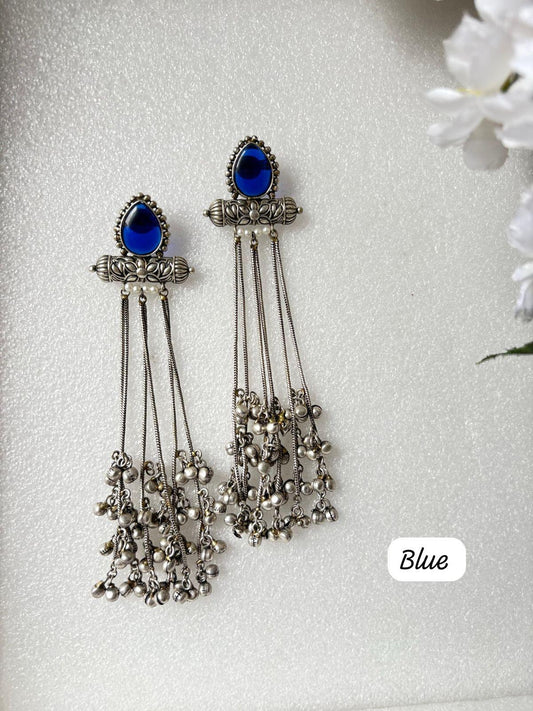 Blue Stone Oxidised Long Dangler Earrings