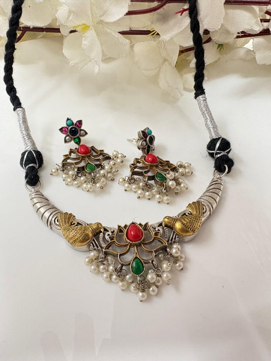 Oxidised Lotus Motif Necklace Set with Earrings