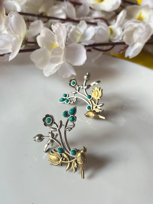 Oxidised Silver Bird & Lotus Earrings