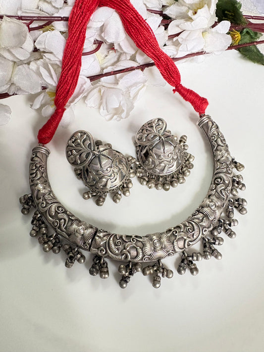 Royal Oxidised Silver Tribal Necklace Set