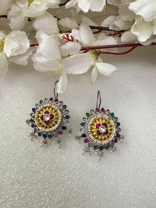 Festive Pink & Silver Half-Moon Danglers (Floral Charm Silver-Toned Kundan Earrings