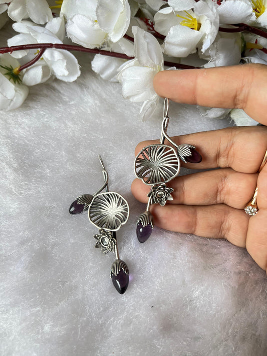 Oxidised Silver Lotus Drop Earrings with Blue Stones