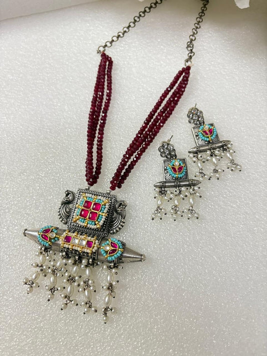 Boho Tribal Silver Necklace Set with Pearl Drops