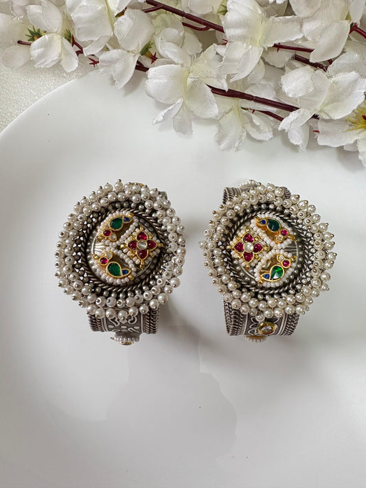 Royal Pearl-Embellished Oxidized Silver Kadas🦋🦋