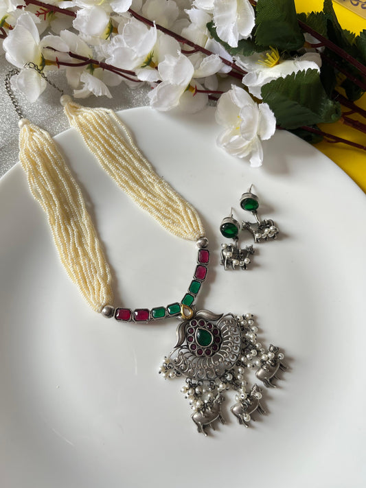 Oxidised Silver Cow Charm Kundan Necklace