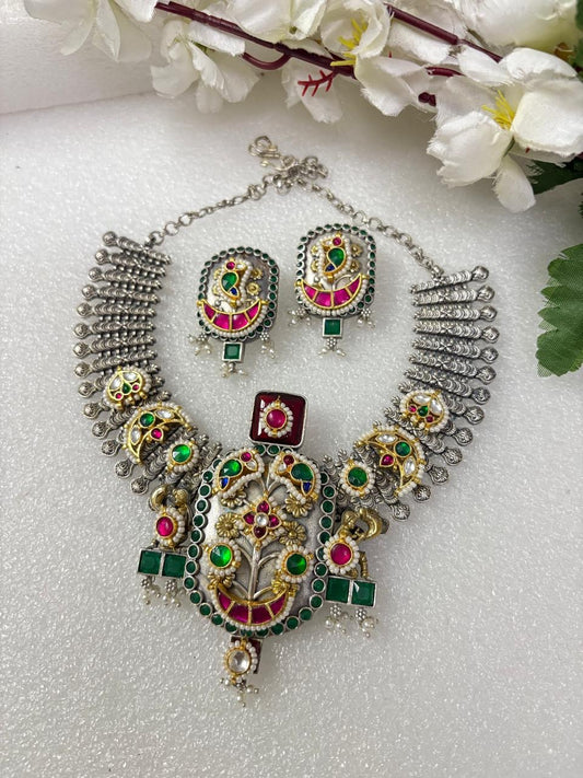 Heritage Bloom: Oxidised Silver Necklace Set🌸🧿