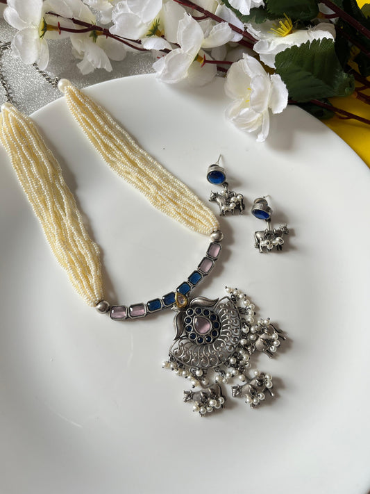 Oxidised Silver Cow Charm Kundan Necklace