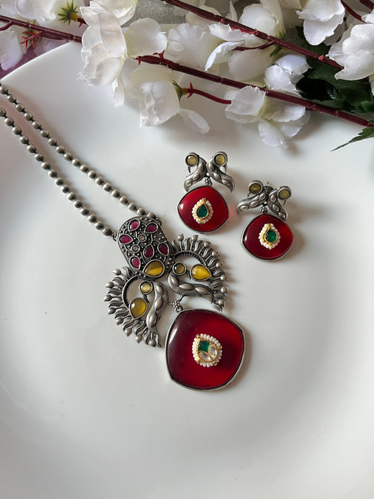Vibrant Meenakari Peacock Pendant Necklace Set