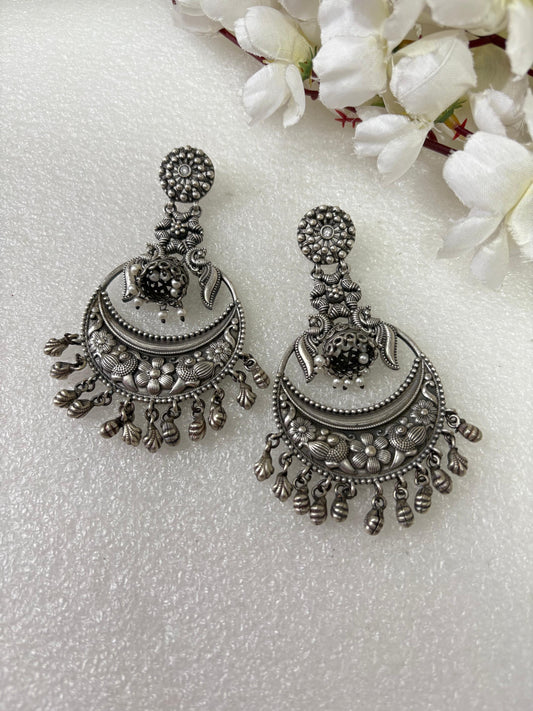 Floral Charm Oxidised Jhumka Drops