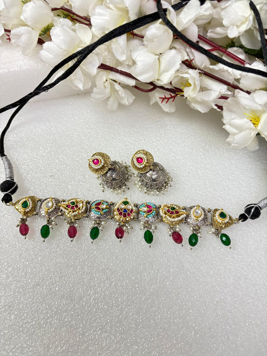 Royal Noor: Dual Tone Choker Set with Drops🧿