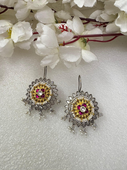 Festive Pink & Silver Half-Moon Danglers (Floral Charm Silver-Toned Kundan Earrings