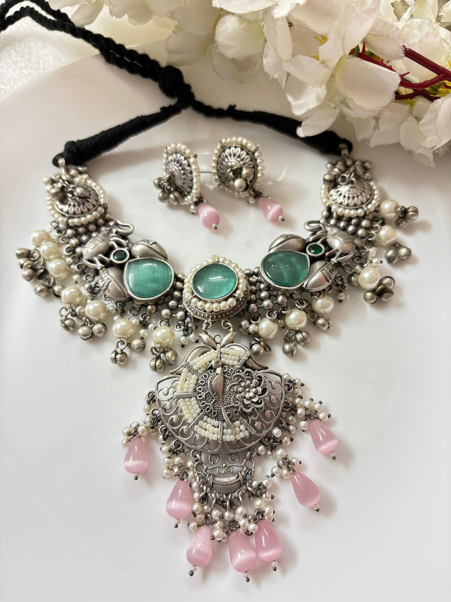 Designer Oxidized Necklace with Blue & pink  Stones