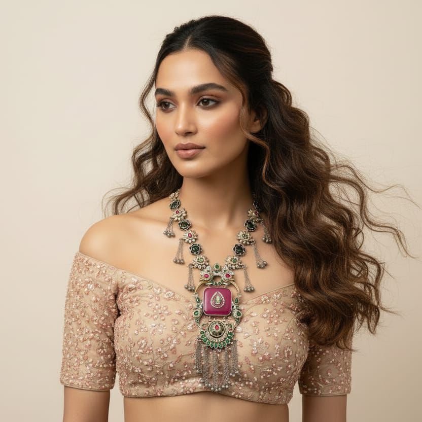 Heritage Navratna Long Necklace with Jhumkas