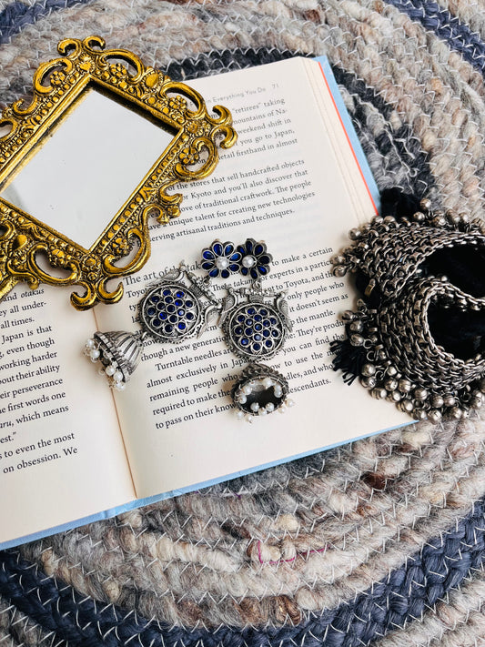 Silver Plated Floral Studded And Beaded Earrings