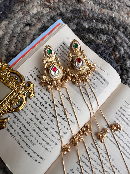 Handcrafted Kundan Earrings with Long Chains