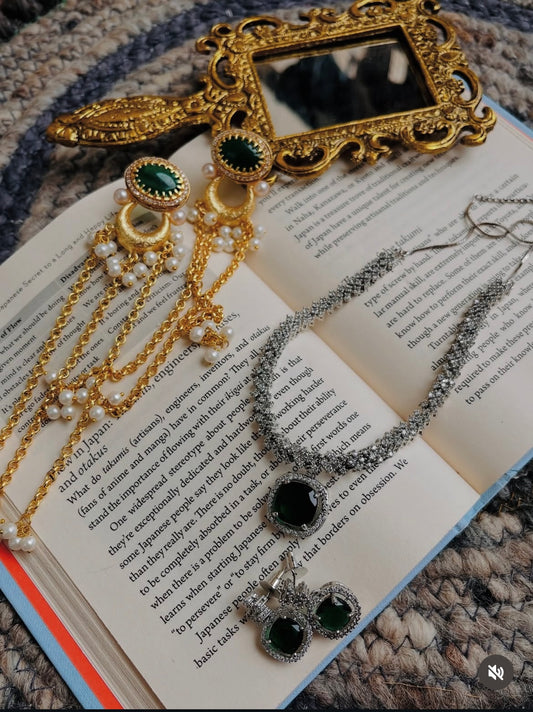 Royal Emerald Charm Necklace & Earring Set