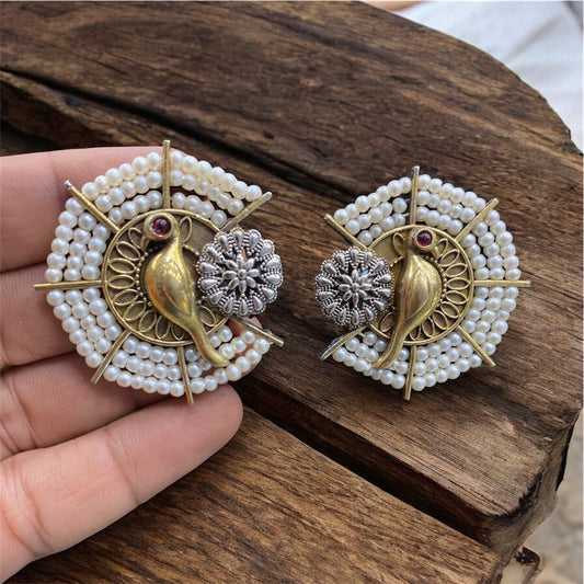 Vintage Pearl Bird Stud Earrings