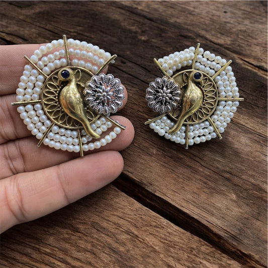 Vintage Pearl Bird Stud Earrings