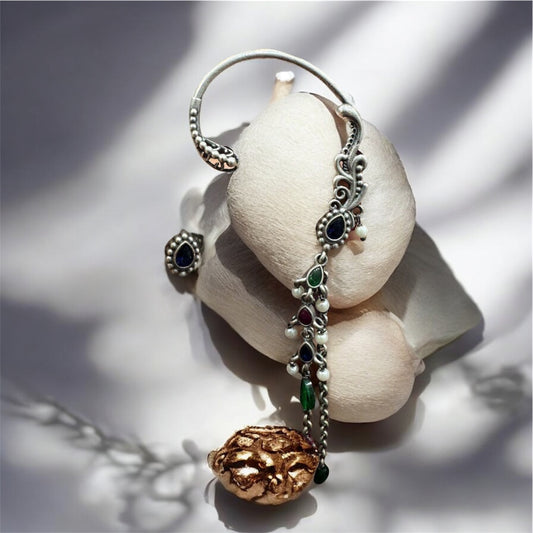 Oxidised Floral Ear Cuff with Dangler Chains