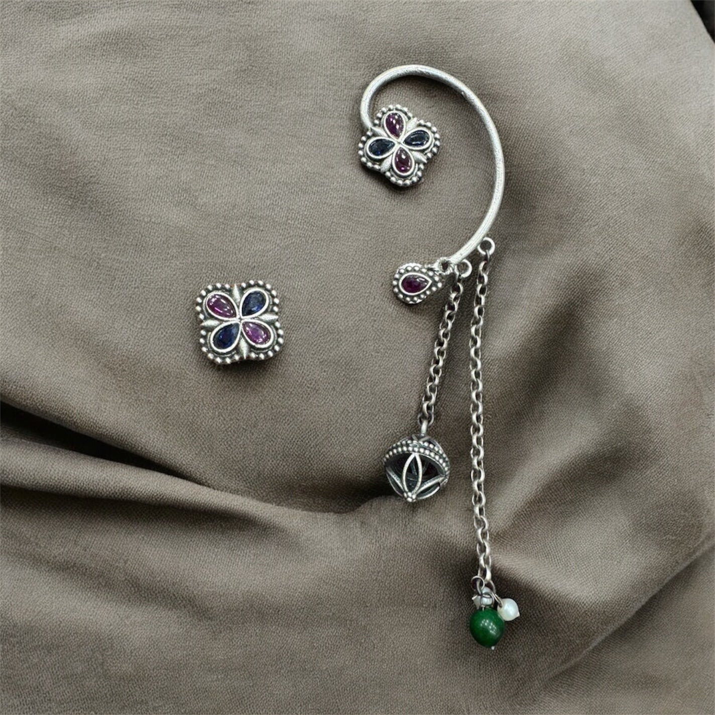 Oxidised Floral Ear Cuff with Dangler Chains