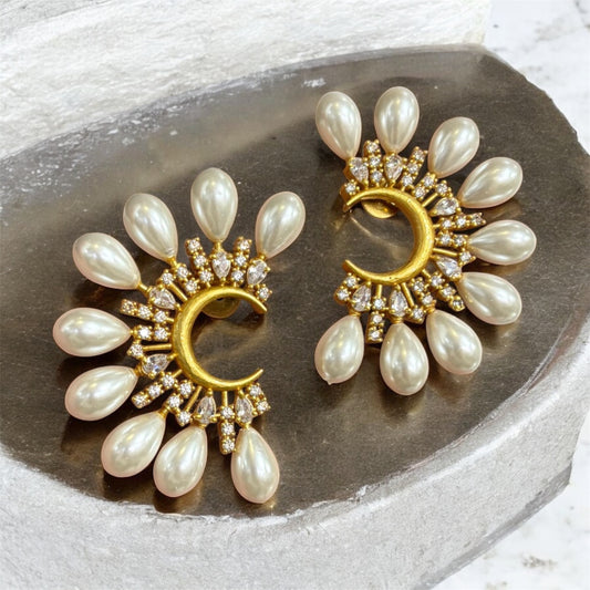 Elegant Pearl Drop Half Moon Earrings
