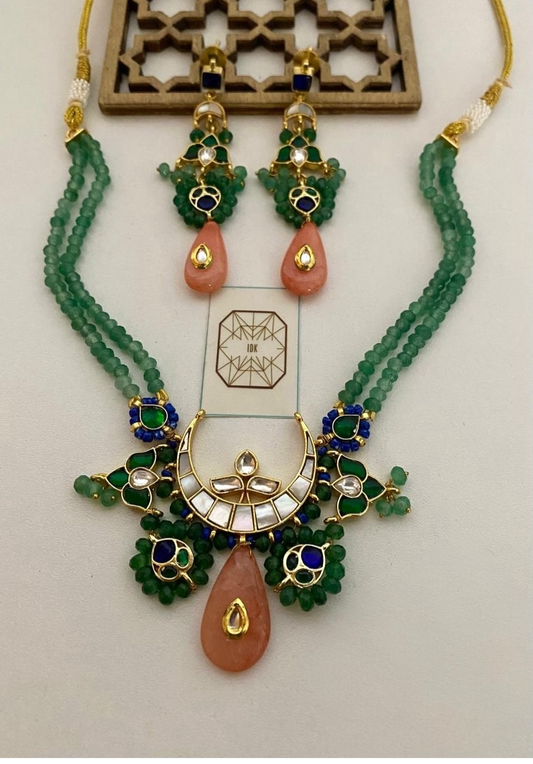Emerald Green Beaded Kundan Necklace Set