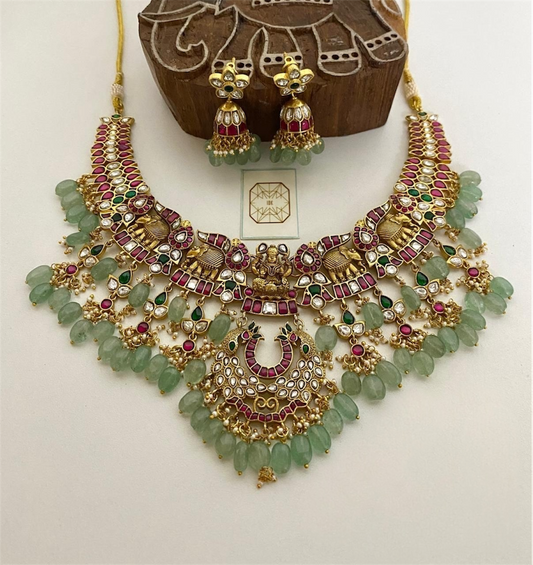 Antique Gold Lakshmi Necklace with Ruby & Emerald Work